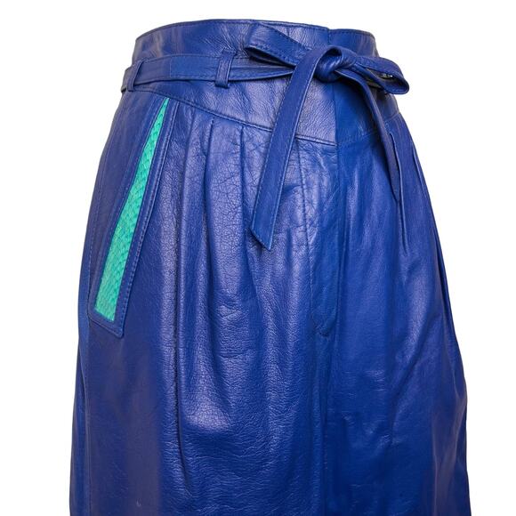 Vintage 80s Size Small Blue Leather Skirt Pants Skirt Suit Set Snakeskin Suede - Picture 11 of 16